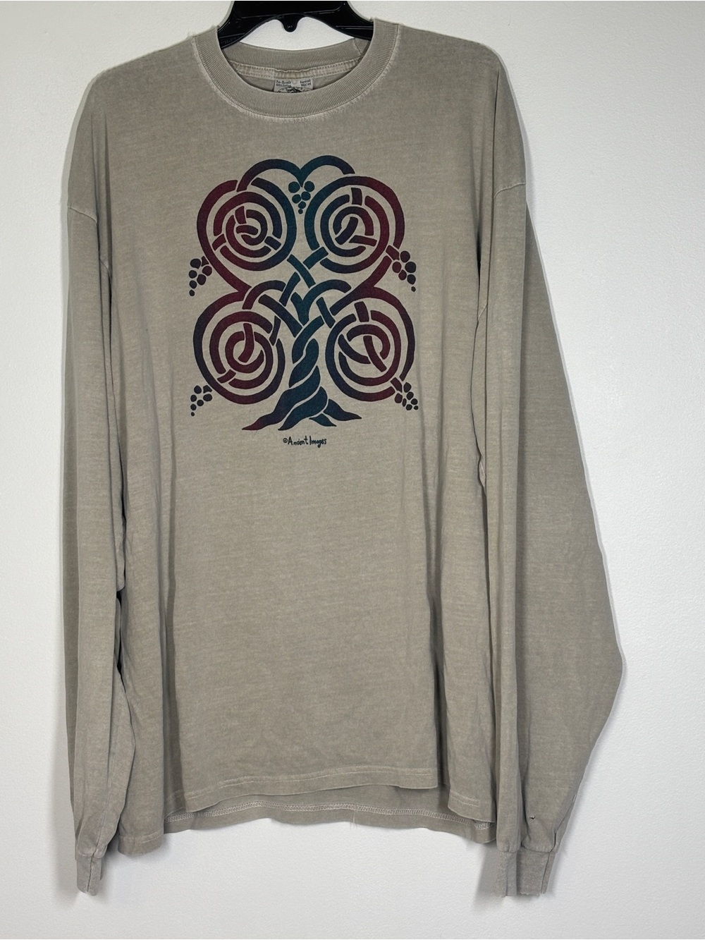 Anvil Beige Long-Sleeve Tee with Celtic Tree Graphic in Teal and Maroon
